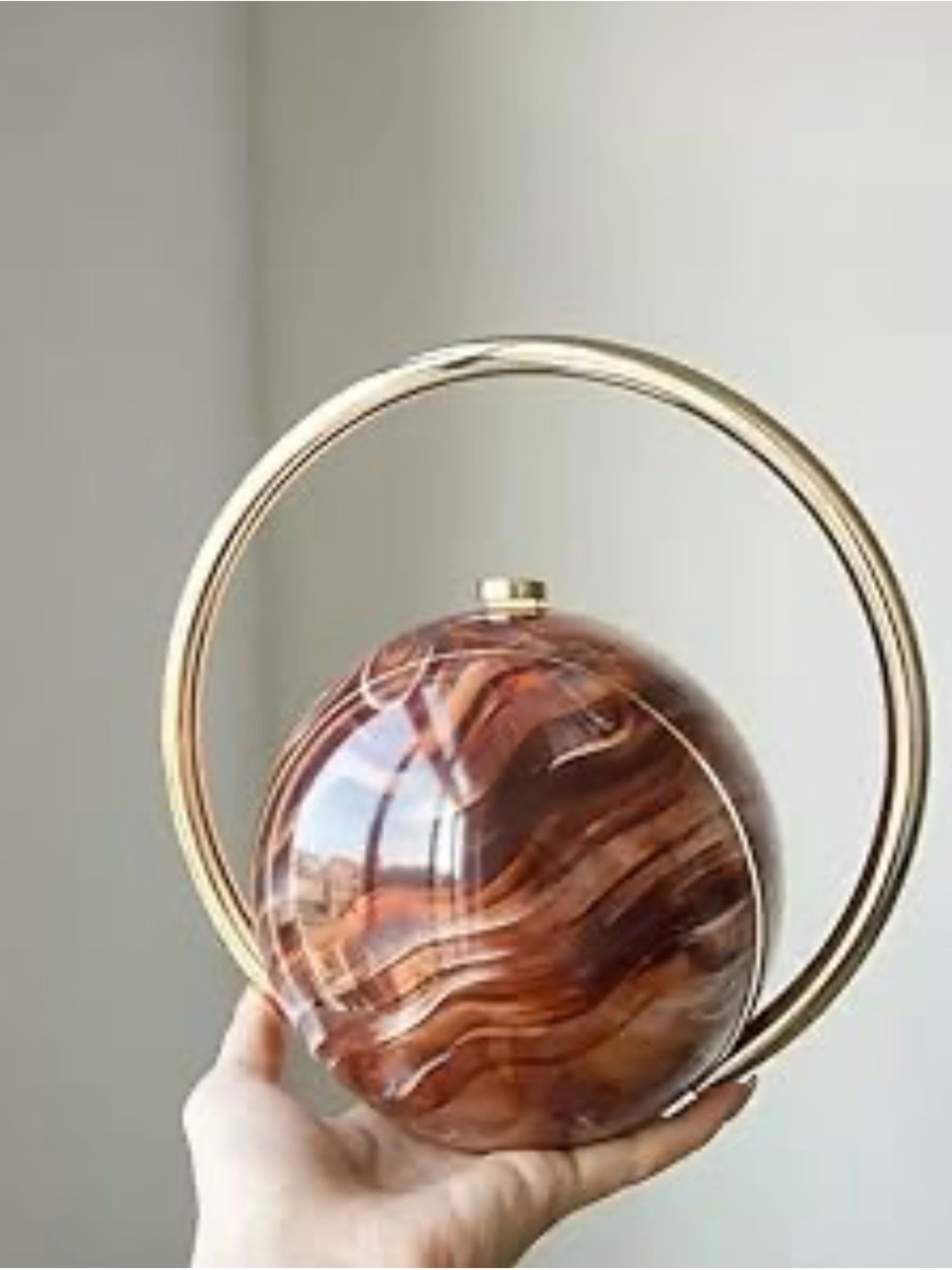Round Wood-Effect Wristlet Clutch in Brown